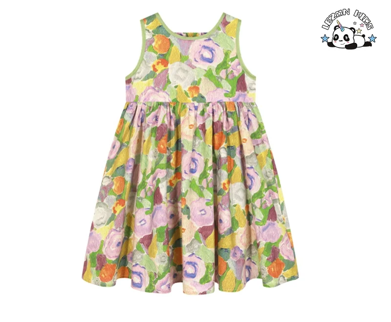 LEZONKIDS - Kid Girls' Dress Customizable Summer New Fashion Colorful Printing Cotton Sleeveless  Princess Dress for Girls